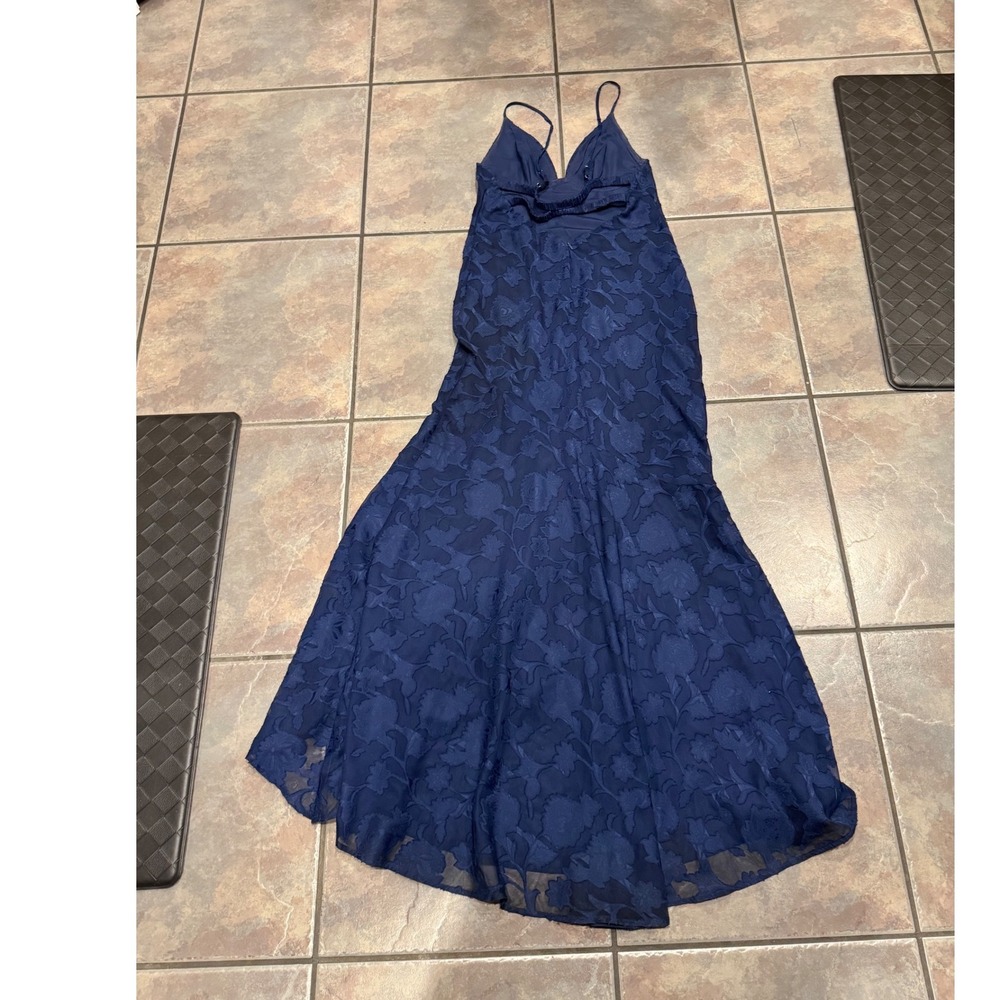 Princess Polly Navy Blue Floral‎ Burnout Maxi Dress Open Back High Low Gown 8 - Picture 3 of 4